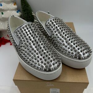 Christian Louboutin spikeboat, metallic leather slip on sneakers Size 42